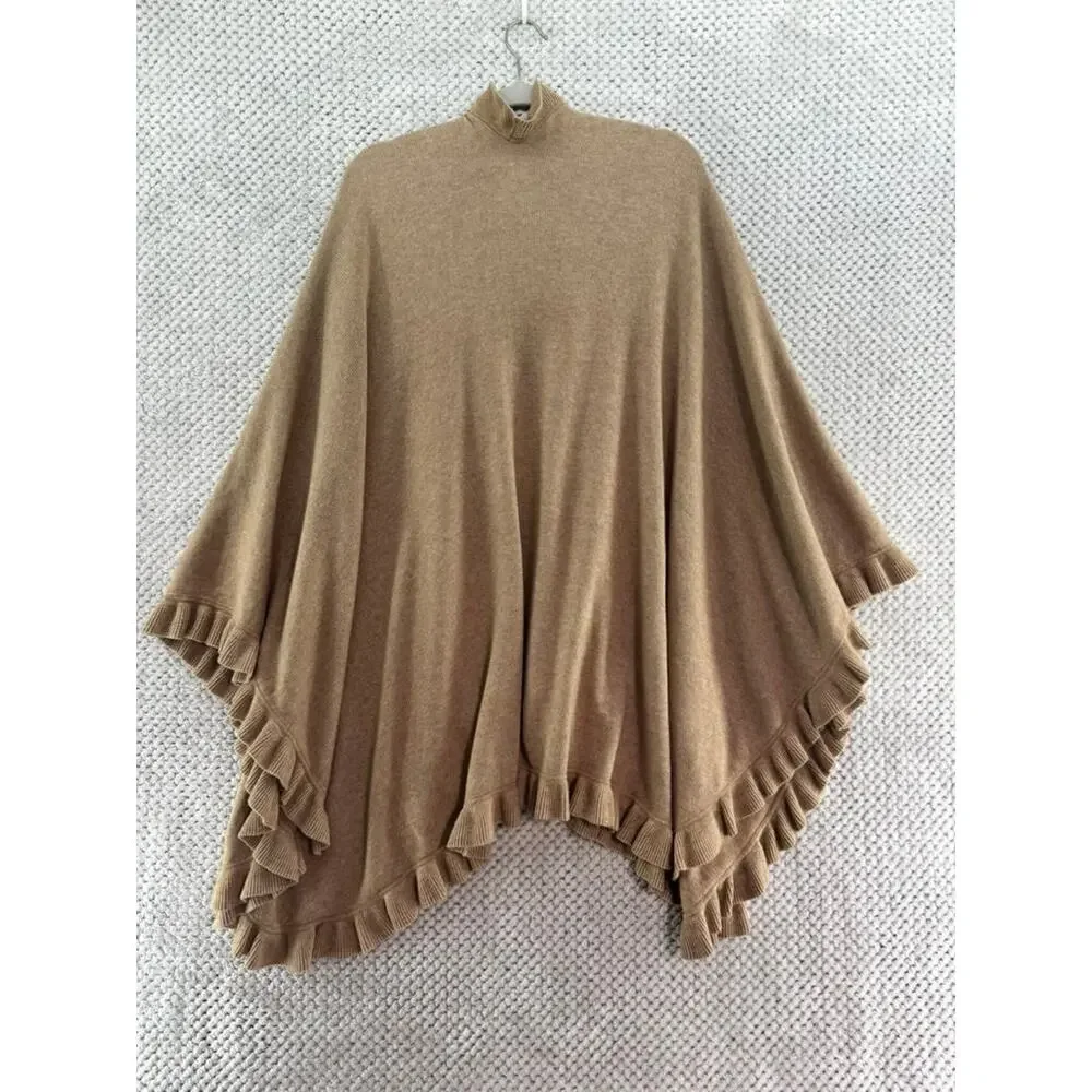 Talbots Ruffle Trim Open Front Poncho Wrap Camel Tan Wool Cashmere Blend OS